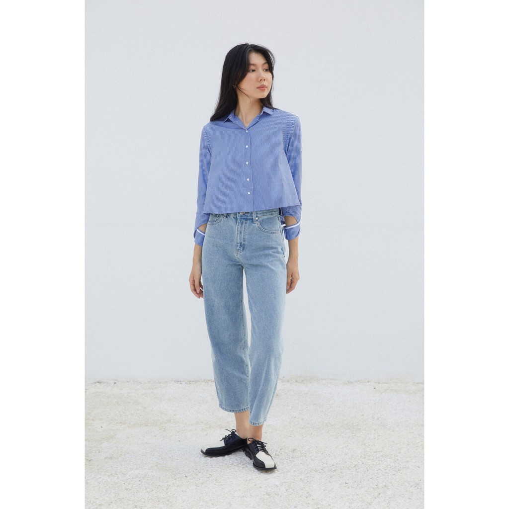 TheBlueTshirt - Áo Sơ Mi CropTop Sọc Xanh - Twisted Cuff Cropped Shirt - Blue Stripe