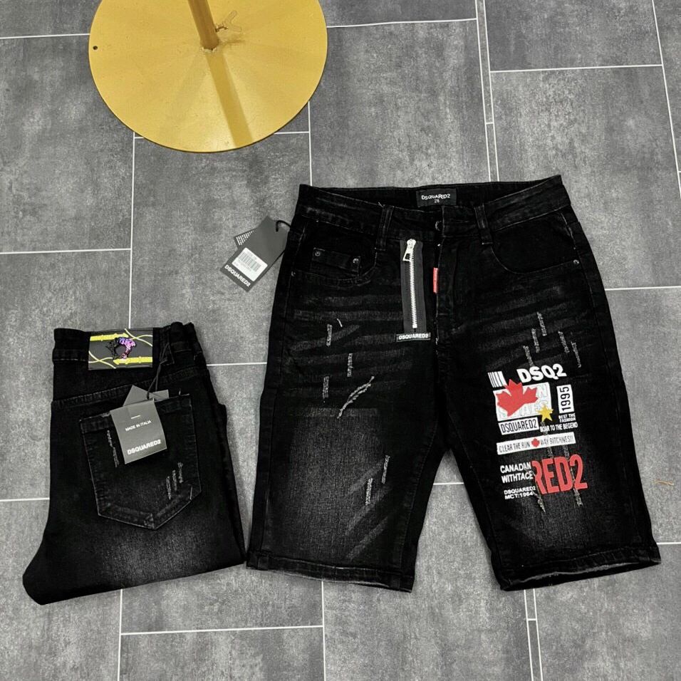 Quần short jean nam đen in họa tiết, quần đùi nam chất jean vải dày co dãn phong cách cá tính