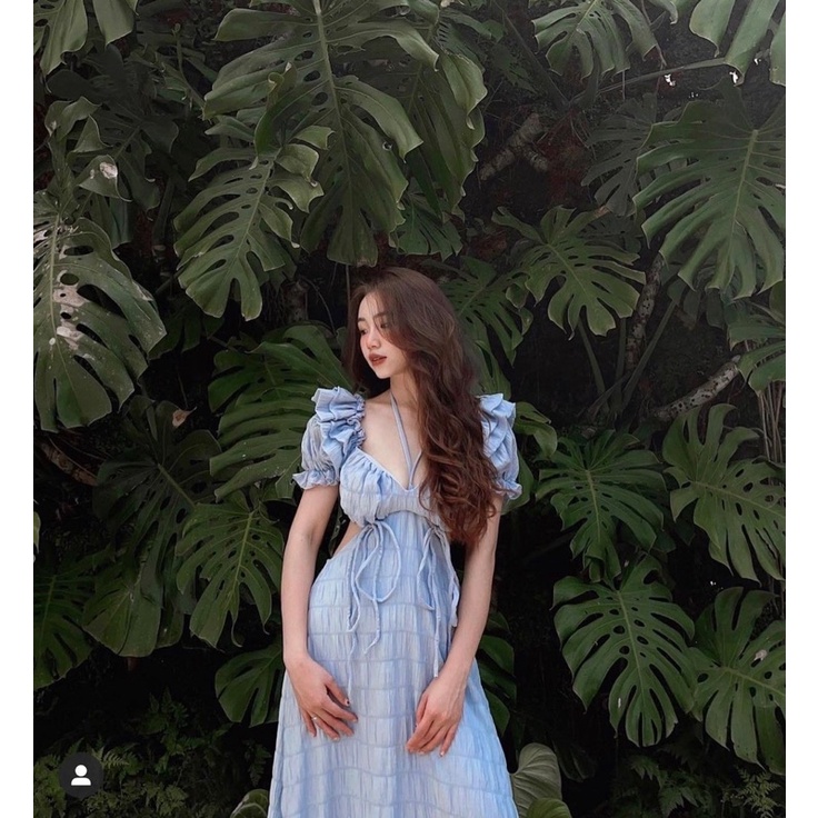 Đầm dài xanh cutout lưng viền bèo