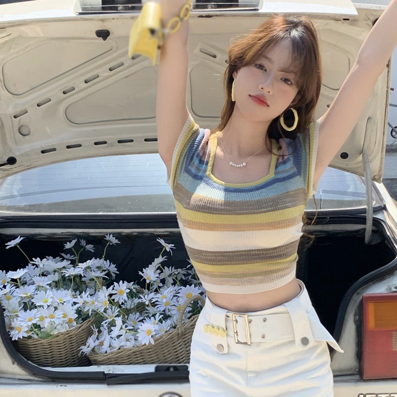 Áo Thun Tay Ngắn Cổ Vuông Kẻ Sọc Nhiều Màu Sắc Ôm Dáng Thoáng Khí Thời Trang Hàn Quốc