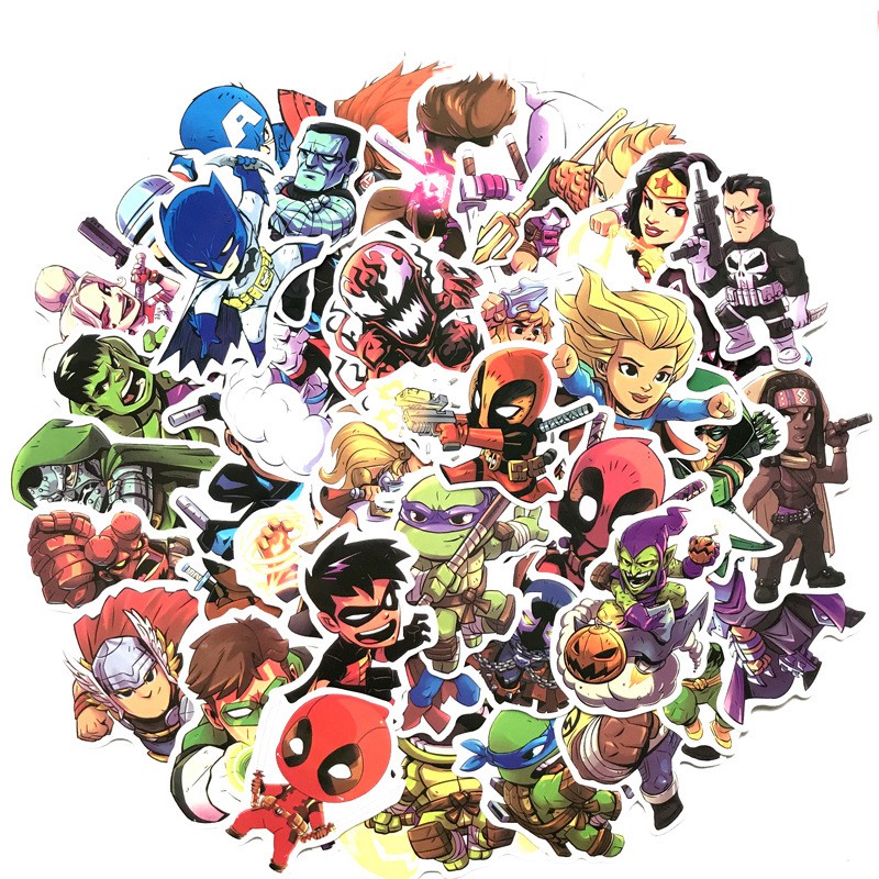 Sticker Dán Mũ Bảo Hiểm, Laptop, Mũ, Sổ Chống Nước Hoạt Hình Siêu Anh Hùng Avengers Cute (50 Miếng)