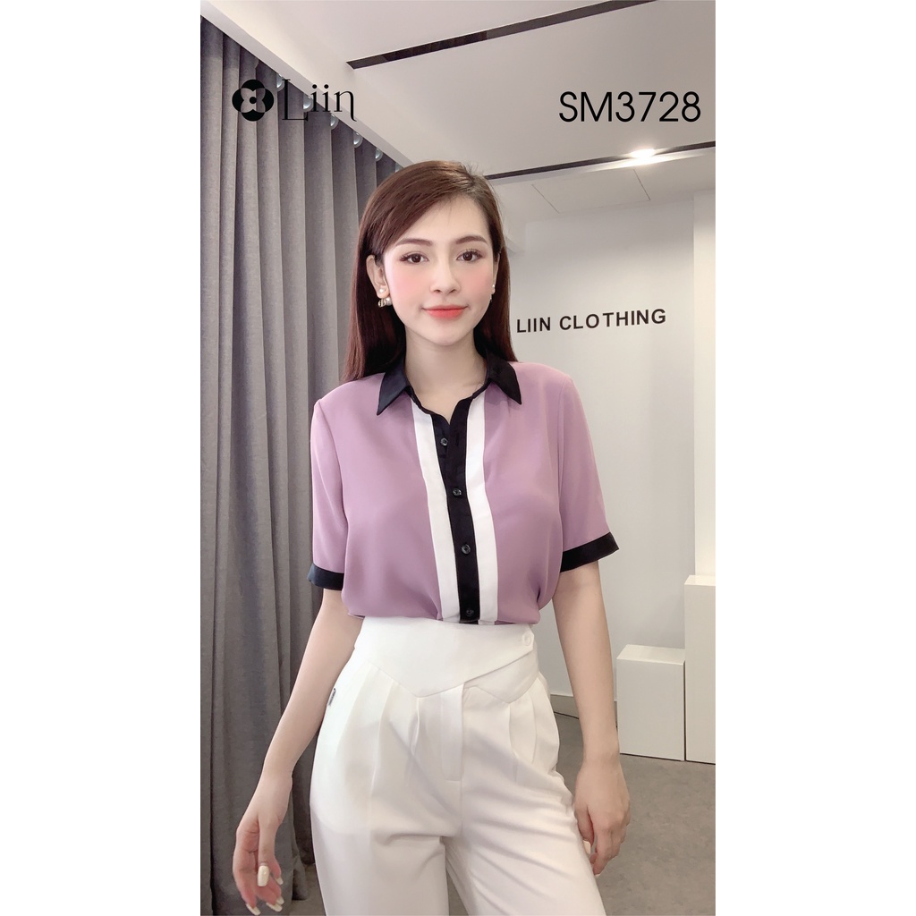 Áo sơ mi màu tím cách điệu Viền Đen Trắng kiểu dáng cộc tay năng động Liin Clothing SM3728
