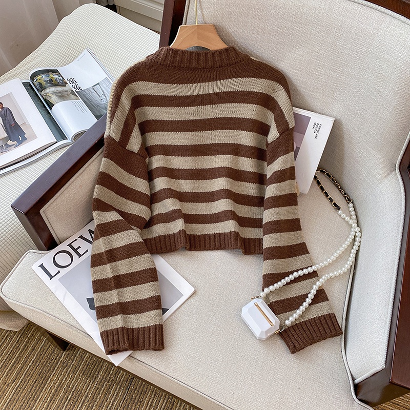 Áo Thun Lửng Tay Dài Cổ Tròn Họa Tiết Kẻ Sọc Thời Trang Thu Đông Cho Nữ