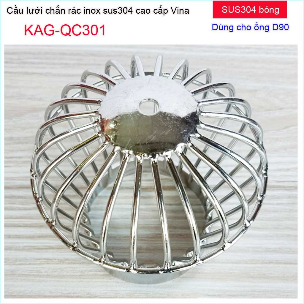 Cầu chắn rác sân thượng KAG-QC301 (ống D90), Cầu chặn rác Inox 304 đế thấp thả ống D90, chác lưới lọc rác thoát nước mưa