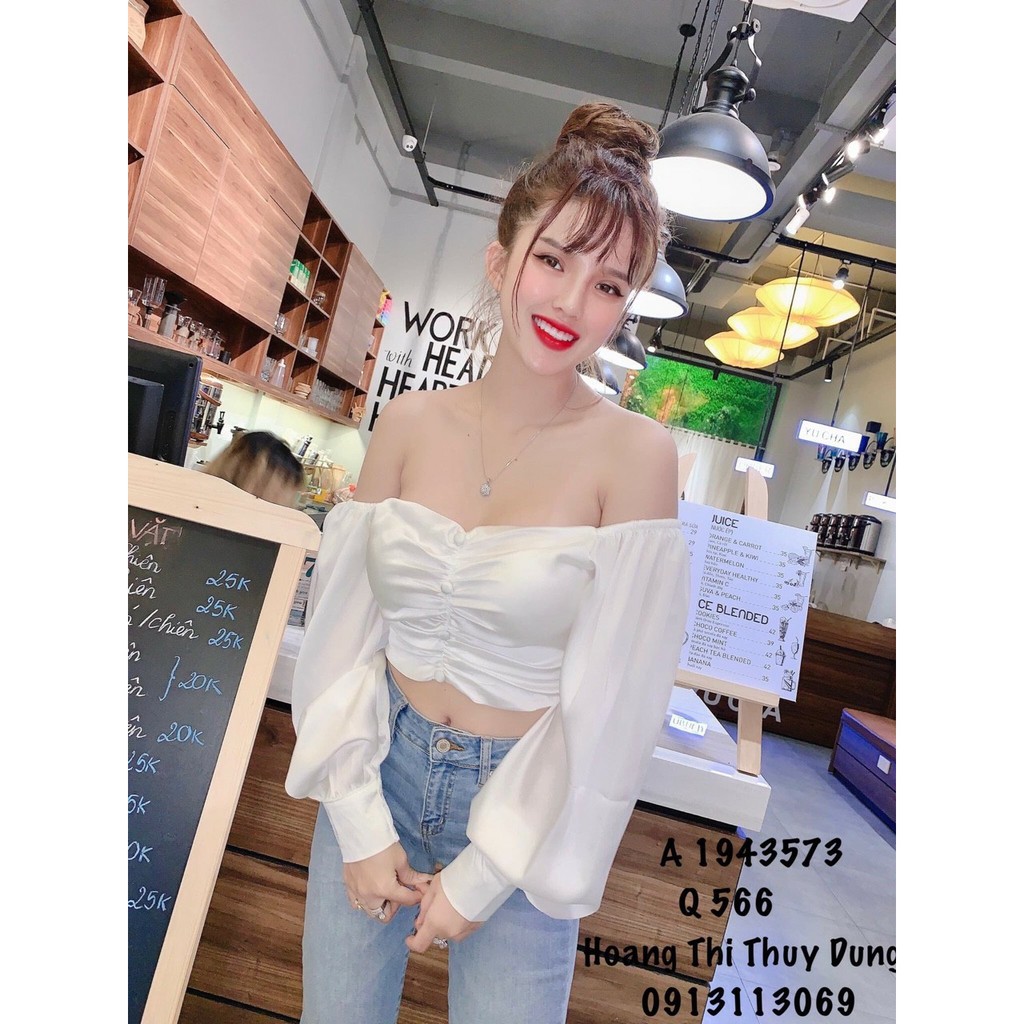 Áo Phi Bẹt Vai Tay Dài Form Croptop Phối Đường Nhún Giữa Ngực Tạo Đường Cong Gợi Cảm TTS0849