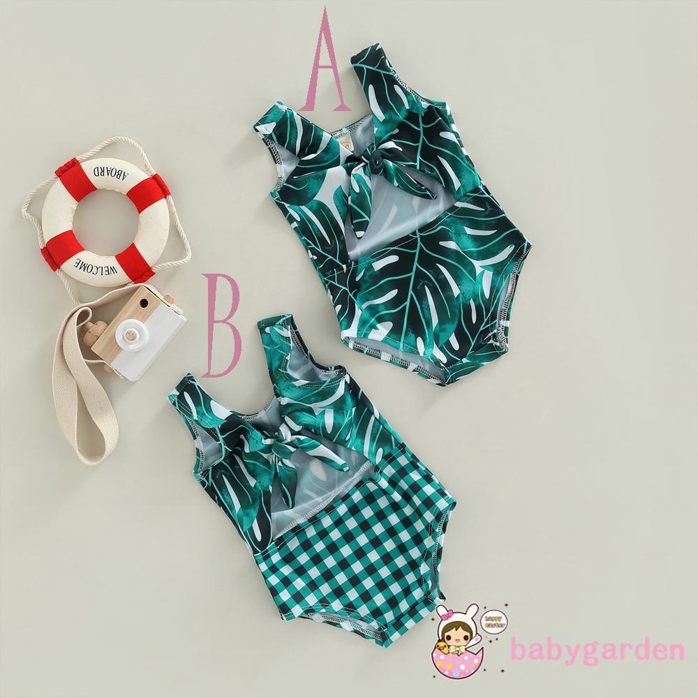 Bộ Đồ Bơi Một Mảnh Không Tay Cổ Chữ V In Họa Tiết Lá/Lá/Kẻ Sọc Ca Rô Thời Trang Mùa Hè Cho Bé Gái Từ 6 Tháng Đến 4 Tuổi