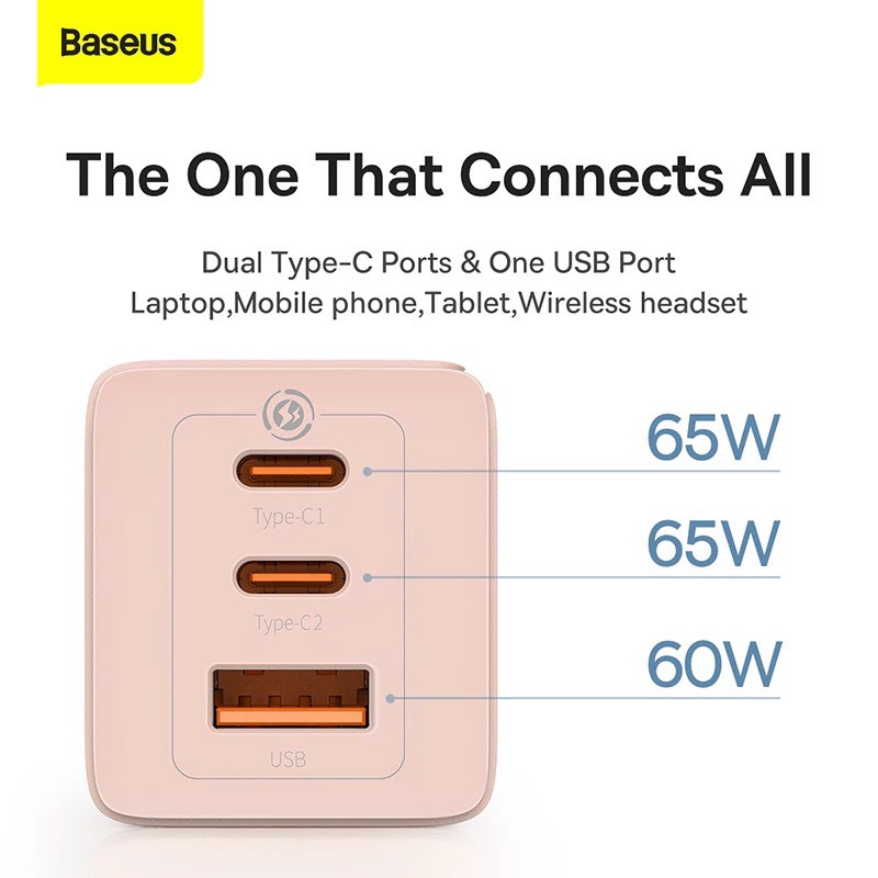 Bộ Củ Sạc Baseus 65W GaN3 Pro cho Sạc Nhanh 2 cổng Type-C + 1 cổng USB 65W CN với Cáp Dữ Liệu Type-C đến Type-C 100W