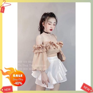 (BÁN LẺ GIÁ SỈ) Set áo trễ vai tay phồng và váy xòe dễ thương