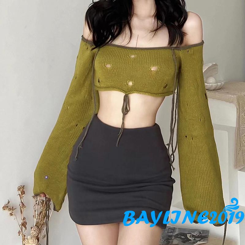 Áo Croptop Trễ Vai Tay Dài Thiết Kế Rách Cá Tính Cho Nữ