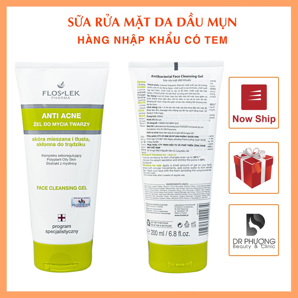 [CHÍNH HÃNG] Sữa rửa mặt giảm mụn cho da nhờn mụn Floslek Anti Acne Bacterial Face Cleansing Gel