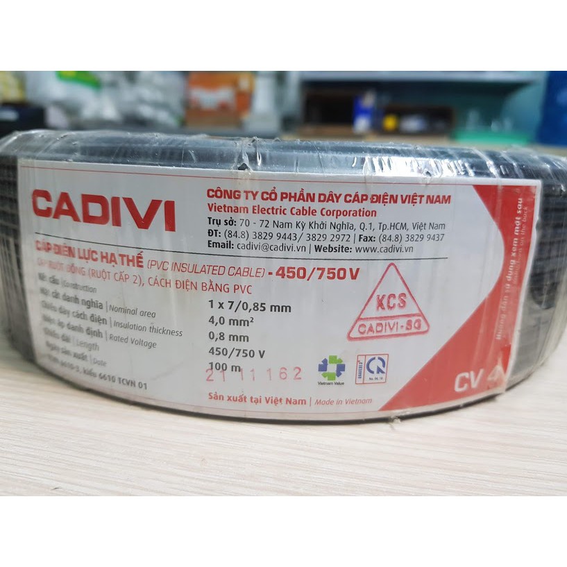 Dây cáp điện Cadivi CV 4.0 (cuộn 100m, dây đơn)