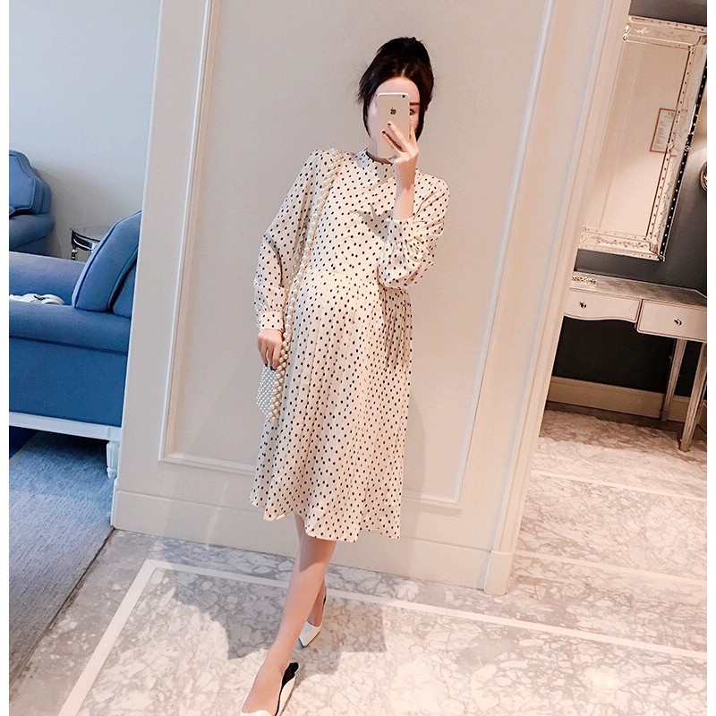[ BIGSIZE 82kg ] VÁY ĐẦM BẦU THIẾT KẾ DỰ TIỆC CÔNG SỞ  DÀI TAY HỌA TIẾT CHẤM BI HÀN QUỐC