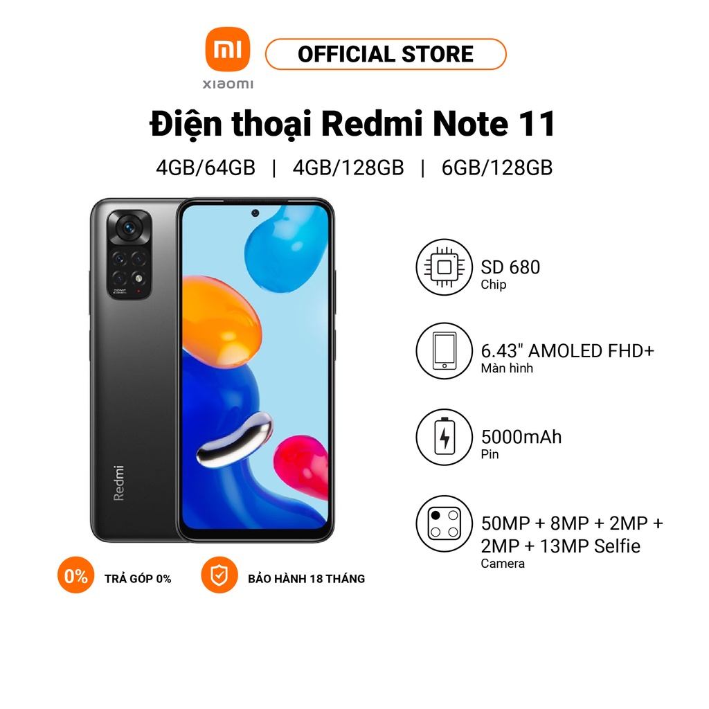 [Mã ELBAUCN1 Giảm 5%] Điện thoại Xiaomi Redmi Note 11 | Pin 5000mAh | Snapdragon 680 | Sạc nhanh 33W