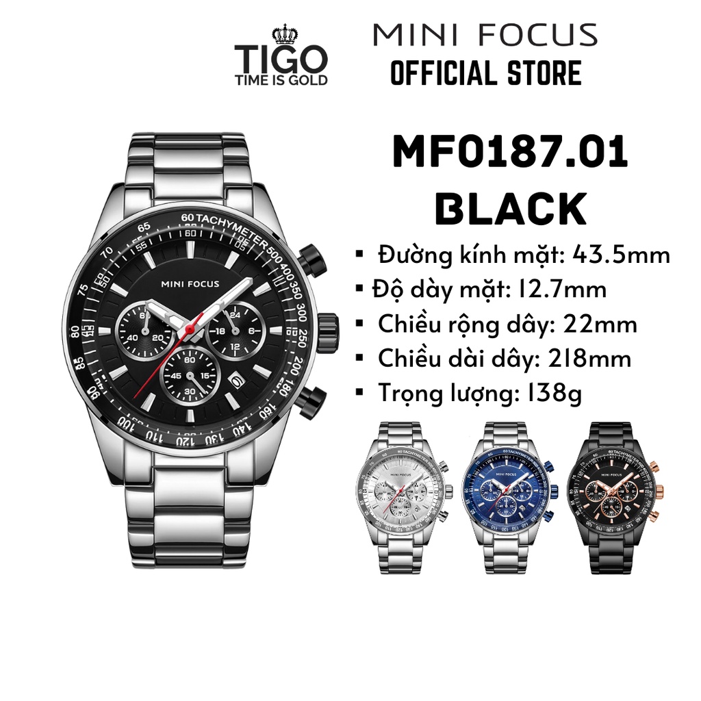 Đồng hồ nam MINI FOCUS MF0187G.01 dây thép viền thép không gỉ màu bạc mặt đen 3 kim hàng chính hãng cao cấp Nhật Bản | BigBuy360 - bigbuy360.vn