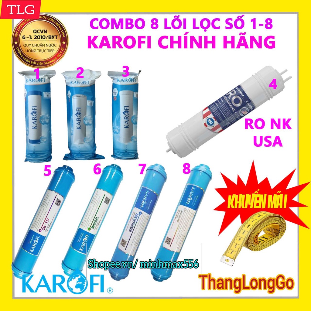 Combo 8 lõi lọc nước KAROFI MỚI [MANG RO KAROFI USA đúc] | Gồm: Bộ 123 - RO KAROFI USA đúc - T33 - MIN - FAR - NANO