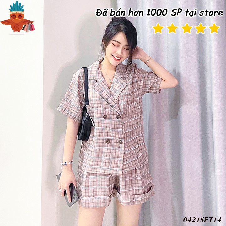 Set áo vest tay ngắn 4 nút phối quần short săn lai caro THOCA HOUSE mặc công sở, dự tiệc trẻ trung, sang trọng