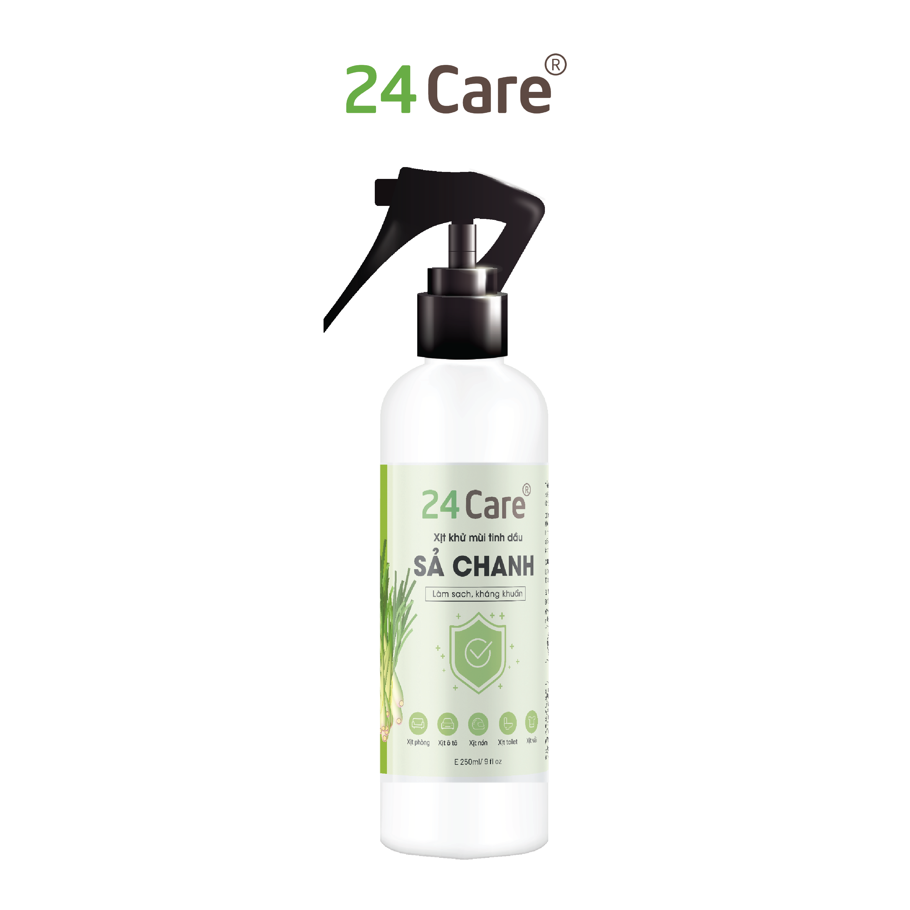 Xịt khử mùi thơm phòng tinh dầu Sả Chanh/ Bạc Hà/ Sả Java 24Care 250ml - Kháng khuẩn, đuổi muỗi, côn trùng, định tâm