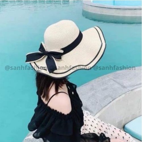 Mũ Cói Nơ Kép Lượn Bềnh Sóng Viền Đen Đi Biển Thời Trang Hót Trend 2021 C03
