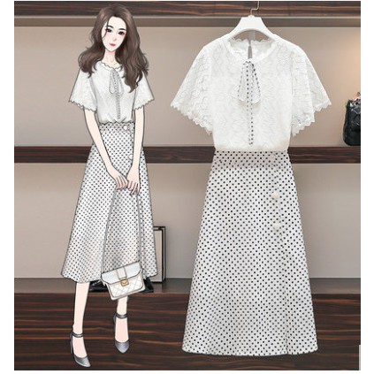 (Hàng oder) Set áo ren cộc tay kết hợp chân váy trắng chấm bi. Set trang phục công sở thời trang.
