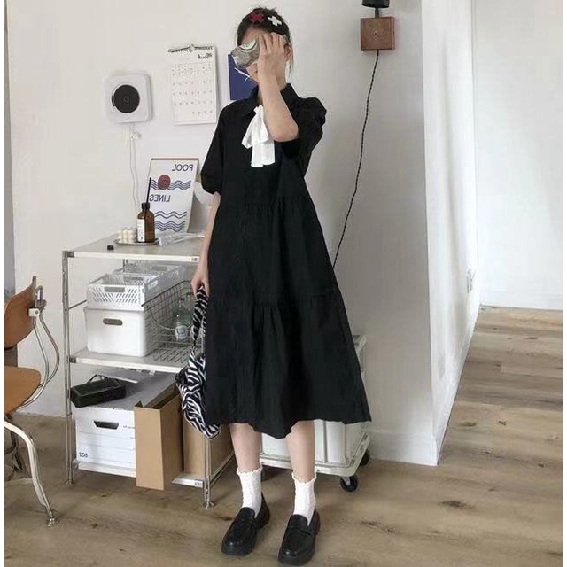 Đầm Chữ A Cổ Polo Tay Ngắn Dáng Rộng Plus Size Phong Cách Hàn Quốc