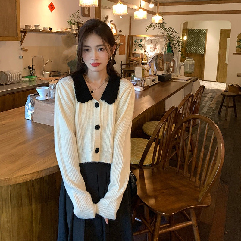 Áo Khoác Cardigan Dệt Kim Dáng Ngắn Cổ Bẻ Phong Cách Thời Trang Pháp