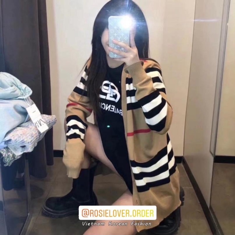 Áo khoác cardigan tay dài nữ sọc ngang burberry len dày dặn - Order taobao quảng châu