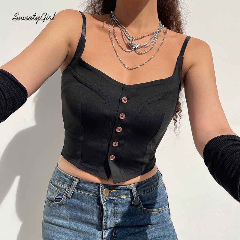 Áo Hai Dây Dáng Ôm Cài Nút Màu Trơn Thời Trang 2022 Cho Nữ