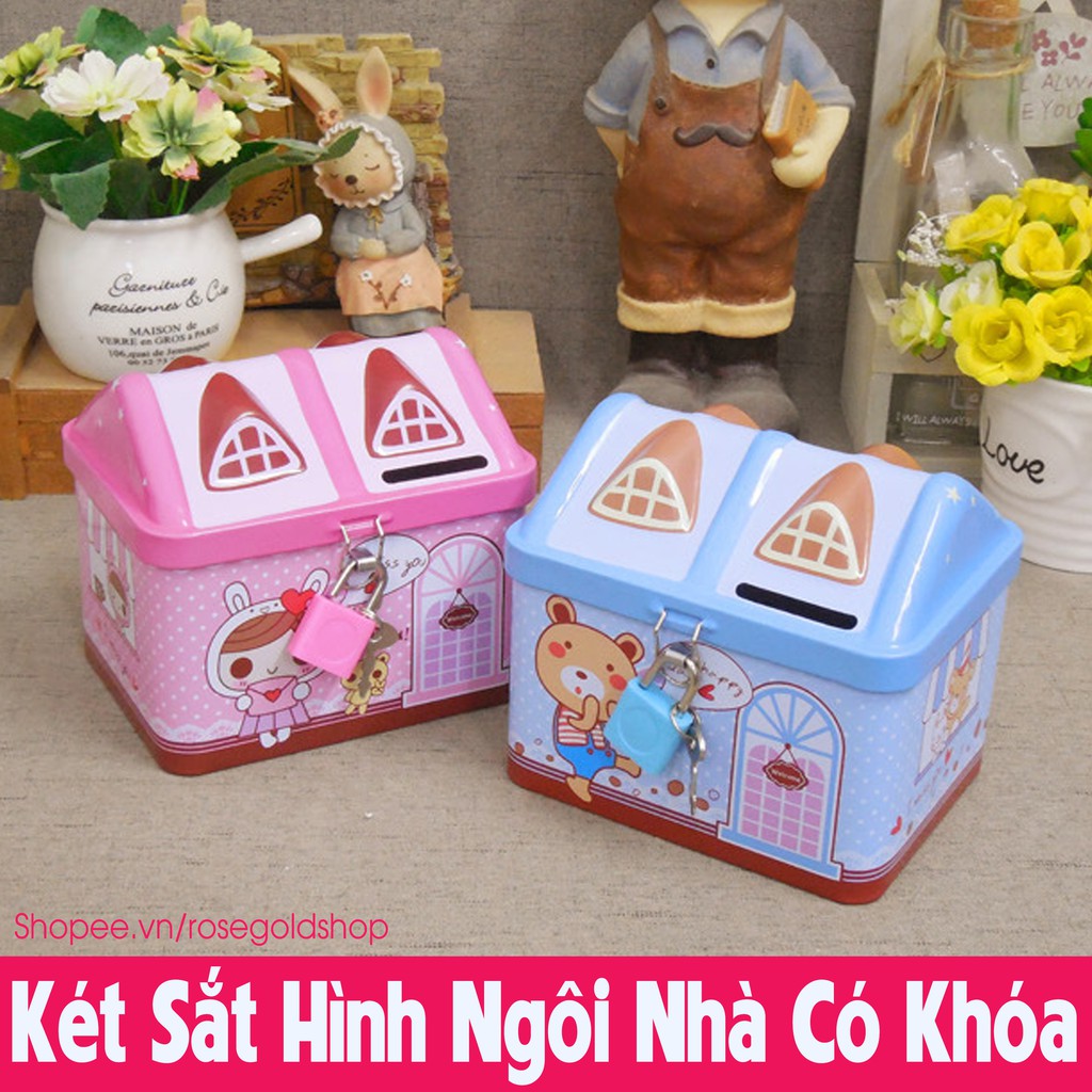 Két Sắt Ống Heo Tiết Kiệm Hình Ngôi Nhà Có Khóa Mini Cho Bé - Màu Hồng - goodbaby, luvamo, hanhdecal, shop mẹ xôi