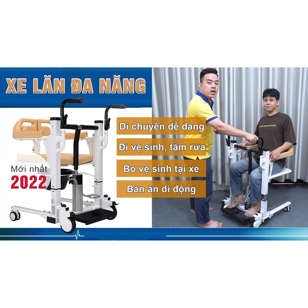 Xe lăn đa năng, xe nâng hạ bệnh nhân có bô vệ sinh, xe lăn ghép 2 mảnh
