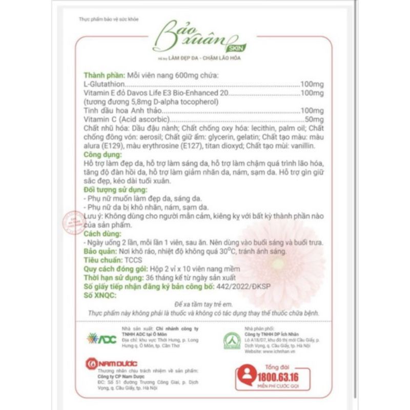 Bảo xuân skin vitamin E đỏ hỗ trợ làm đẹp da, sáng da, giảm nhăn da, nám, sạm da