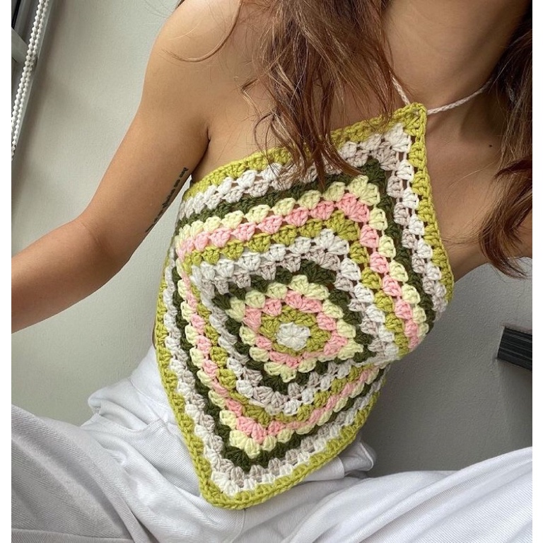 ÁO YẾM KHĂN LEN MÓC PHỐI MÀU CỘT DÂY LƯNG- ÁO YẾM VUÔNG GRANNY PHỐI MÀU XINH XẮN