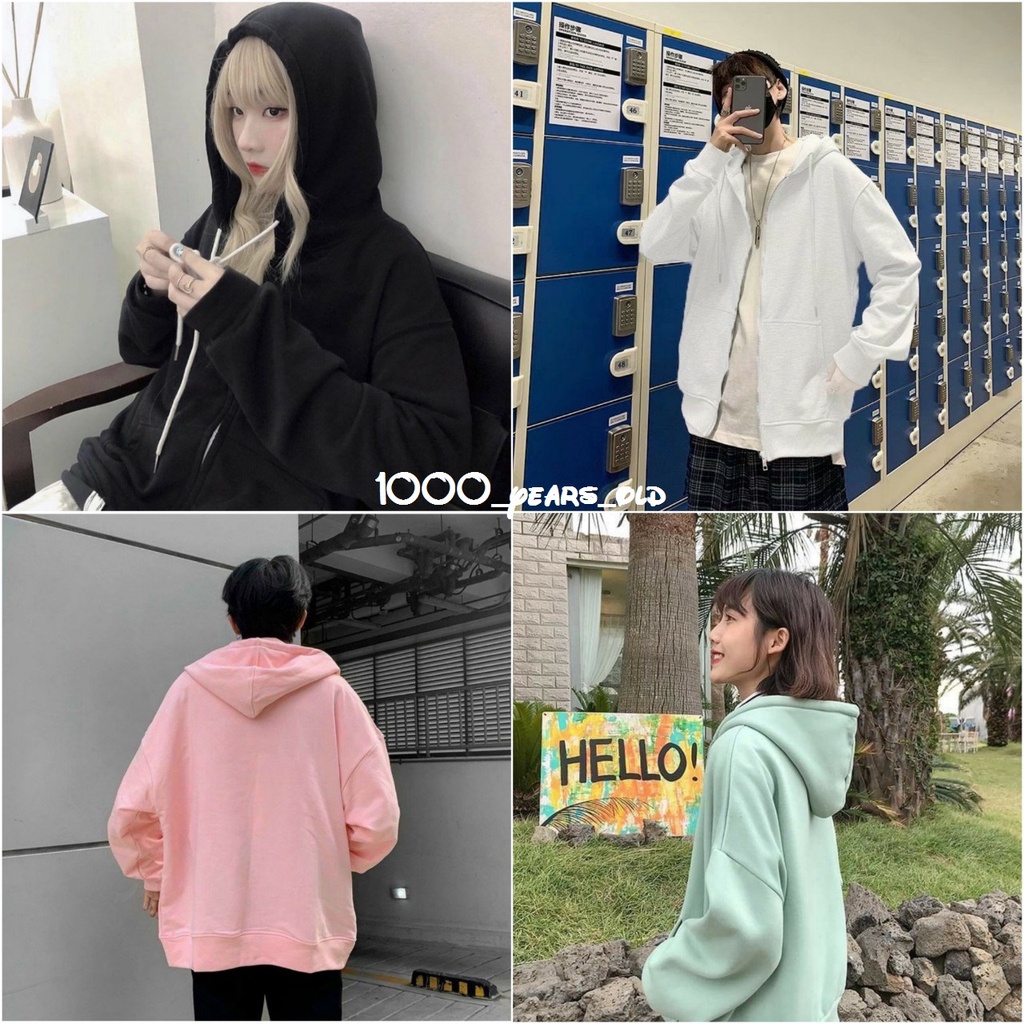 Áo Khoác Hoodie Nỉ Trơn Basic Form Rộng Tay Bồng Khóa Kéo Có Mũ Ulzzang Nam Nữ HOT