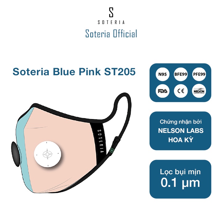 Khẩu trang tiêu chuẩn Quốc Tế SOTERIA Blue Pink ST205 - Bộ lọc N95 BFE PFE 99 lọc đến 99% bụi mịn 0.1 micro- Size S,M,L