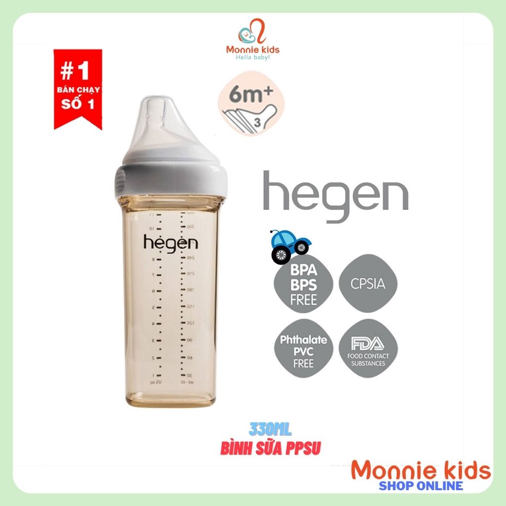 Bình sữa cho bé HEGEN PPSU 330ml núm số 3, bình sữa trẻ em chính hãng 6m+, Monnie Kids