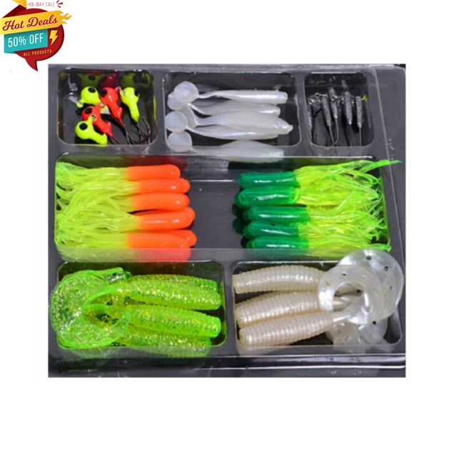 Set 35 mồi câu cá giả hình sâu mềm và 10 đầu móc cong