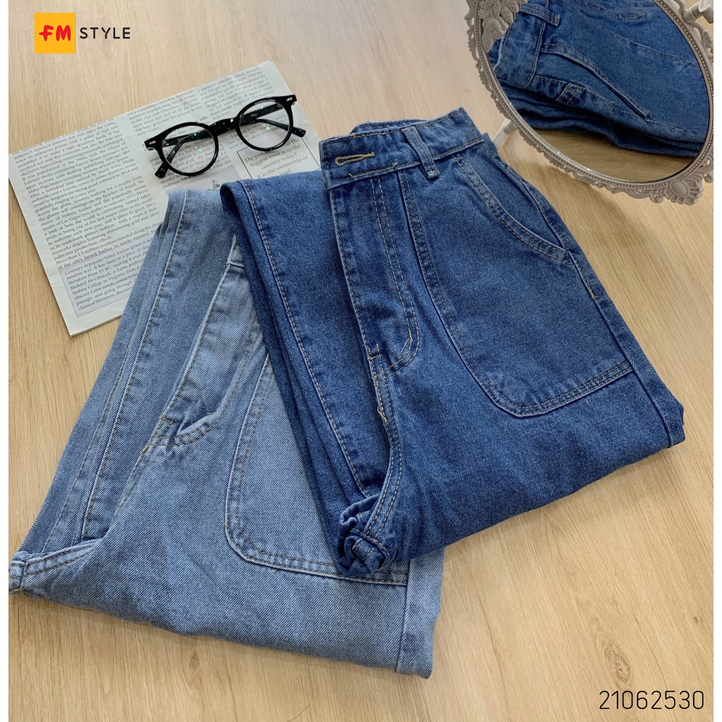 Quần jeans nữ lưng cao FM Style ống đứng thiết kế đơn giản kèm túi vuông 211126015