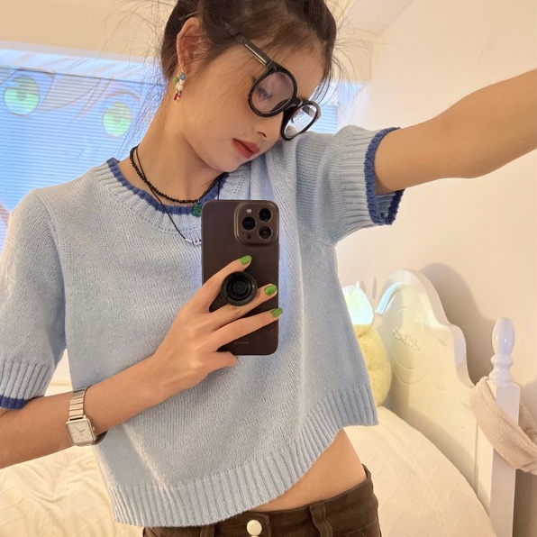 Áo thun ZHELIHANGFEI dệt kim tay ngắn cổ tròn dễ phối đồ hợp thời trang cho nữ