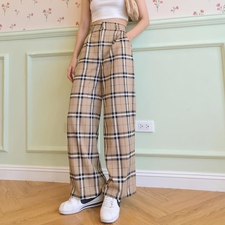 Quần ống rộng cạp cao kẻ nâu đen💖 Quần nữ ống rộng lưng cao kẻ sọc trendy Q364