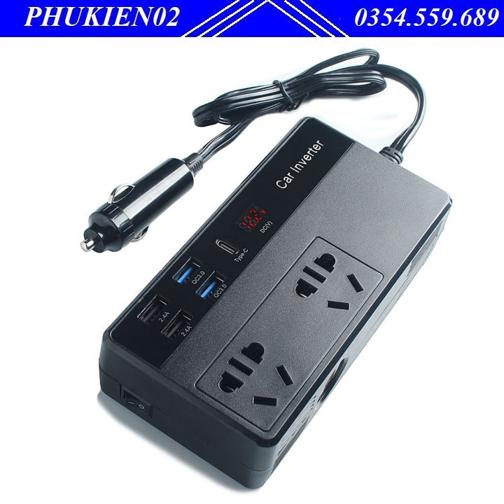 Tẩu sạc ô tô chuyển đổi nguồn điện 200W 12V sang 220V Ổ cắm chuyển đổi điện ô tô đa chức năng, Có thêm jack cắm type C