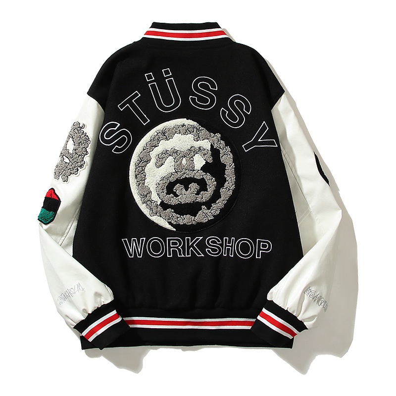 Áo Khoác STUSSY X OUR LEGACY X DENIM TEARS VARSITY JACKET, Màu đen, Tay da trắng BapeVN