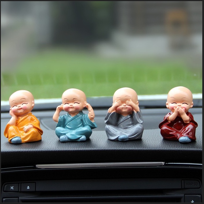 Bộ Tượng Chú Tiểu Hòa Thượng Tứ Không - Phật Phong Thủy Mini 4 Tư Thế, Trang Trí Xe Hơi, Để Bàn