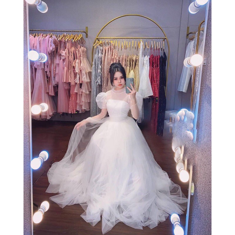 Đầm xoè maxi tay phồng bo eo