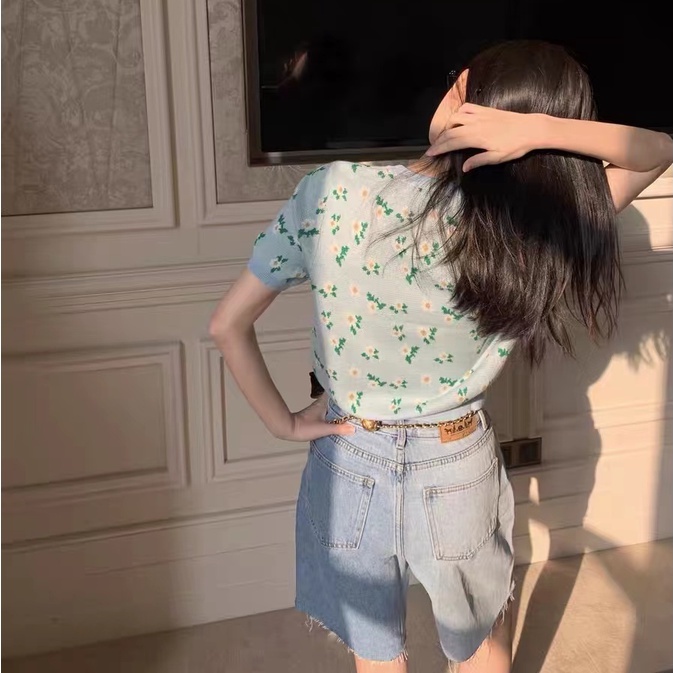 【Hana and Alice】Áo Sweater Dệt Kim Tay Ngắn Cổ Tròn Thêu Hoa Dễ Thương