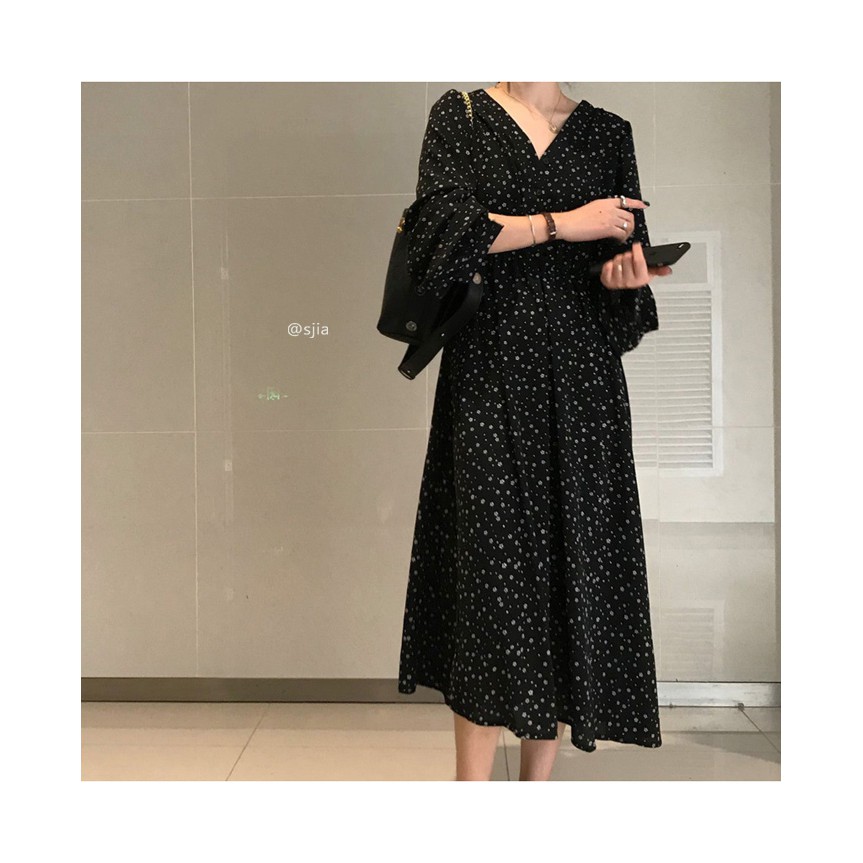 [CÓ SẴN] Đầm hoa nhí dáng dài cổ V dài tay bo chun eo vintage Hàn Quốc ulzzang | BigBuy360 - bigbuy360.vn