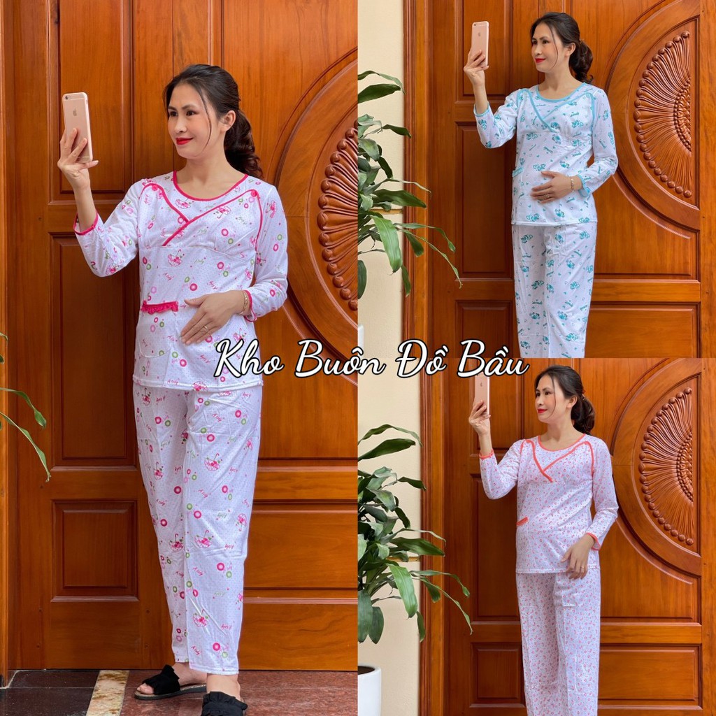 Bộ đồ bầu dài tay mở cúc VIỀN NỔI chất cotton siêu xinh mặc bầu và sau sinh BXK926