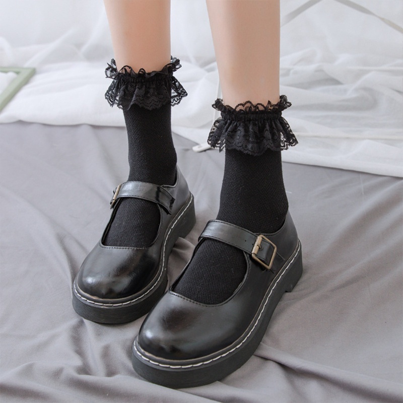 Vớ cotton màu trơn viền ren xếp nếp bên trên phong cách Harajuku kiểu đồng phục Lolita Nhật Bản dễ thương cho bạn gái