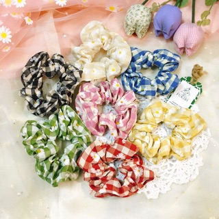 CỘT TÓC VẢI SCRUNCHIES CARO HOA CÚC KÈM ẢNH THẬT