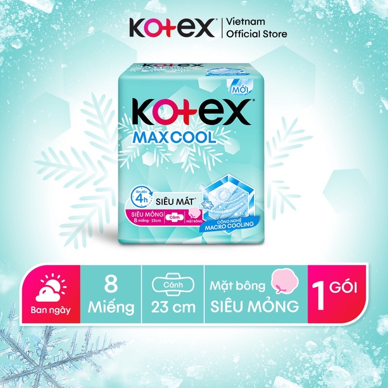 BĂNG VỆ SINH KOTEX THẢO DƯỢC MAX COOL MỎNG CÁNH MẶT BÔNG 23cm (1 gói 8 miếng)