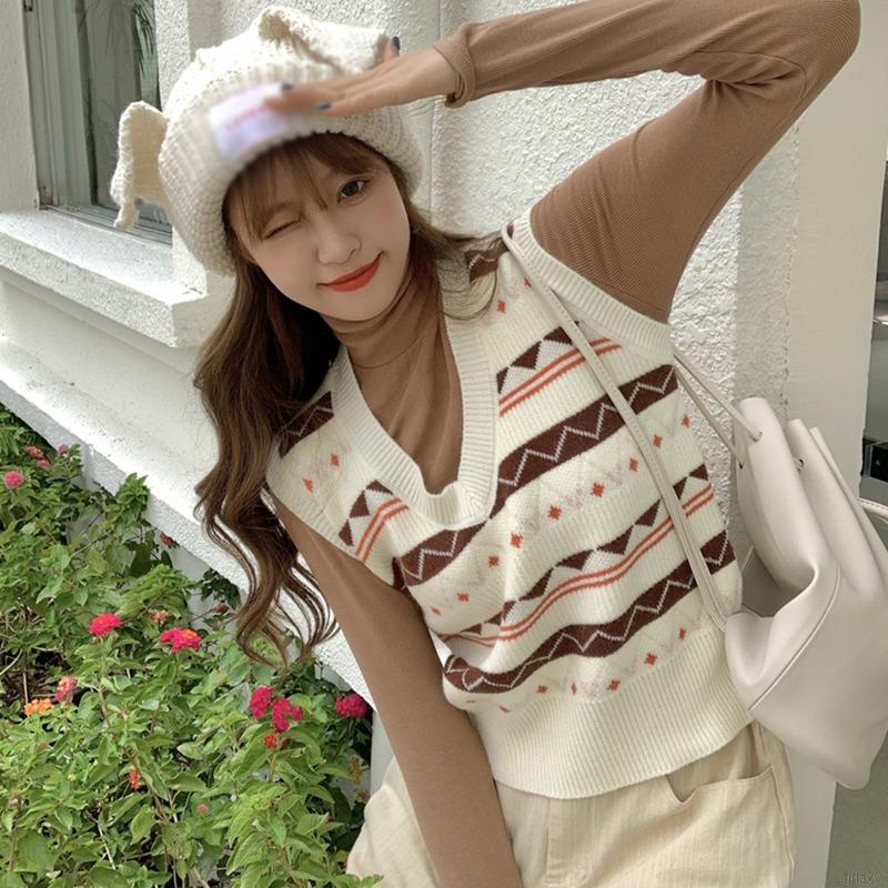 Áo len không tay cổ chữ v dáng rộng phong cách vintage hàn quốc dành cho nữ