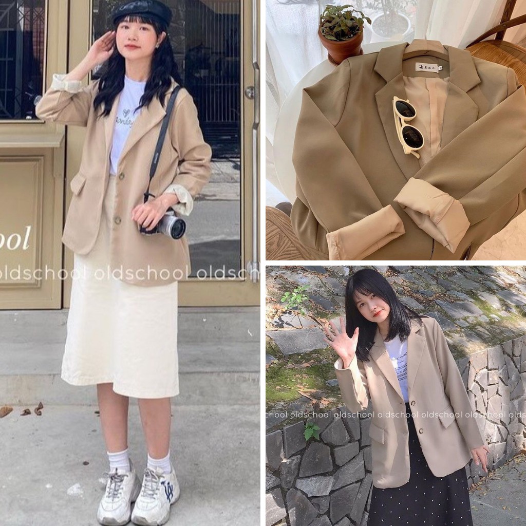 Áo khoác blazer dáng rộng màu trơn, 2 lớp mẫu 2023 phong cách Hàn Quốc thời trang cho nữ free size tối đa 56kg dài 70cm